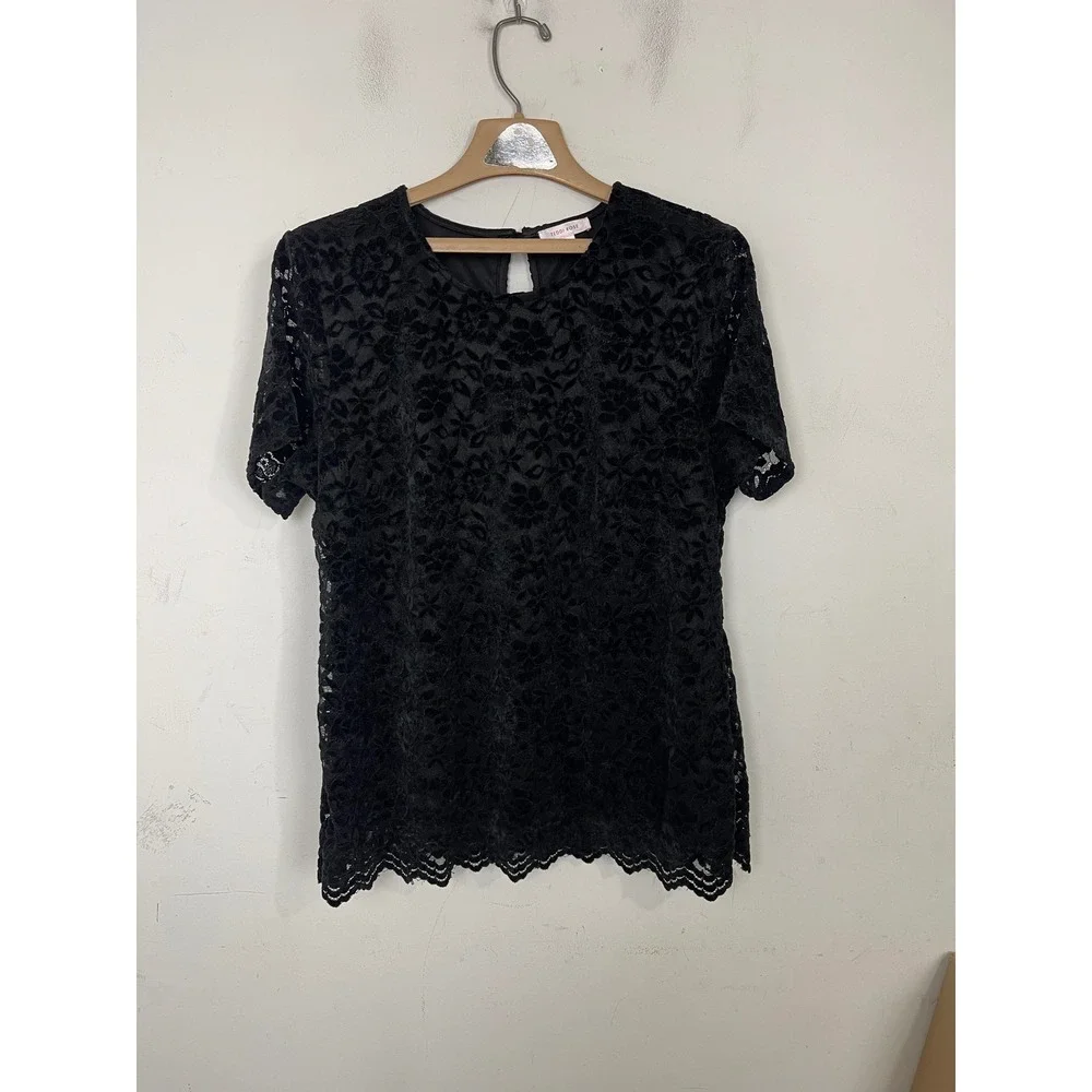 Teddi Rose Black Floral Lace‎ Velvet Burnout Top XL Short Sleeve Goth Emo